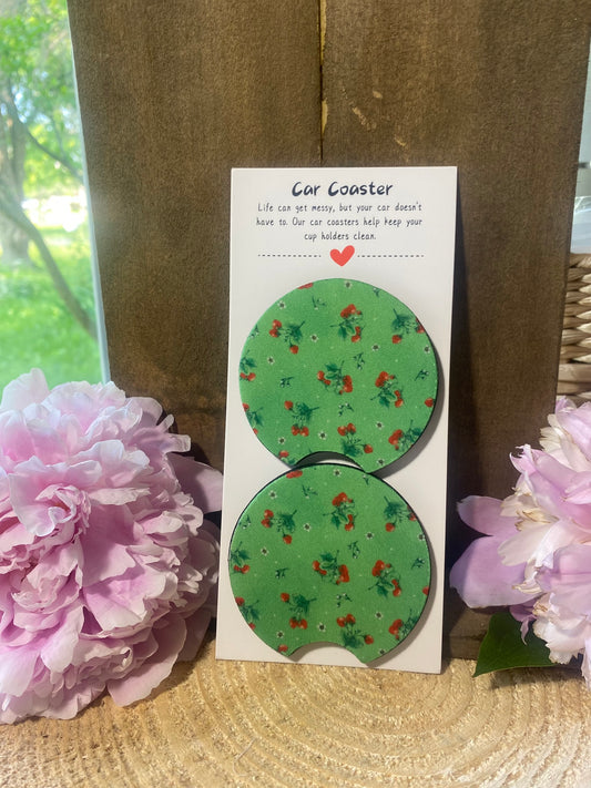 Strawberries on Green Car Coaster set