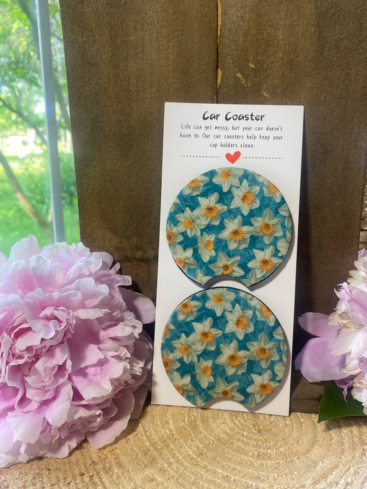 Blue with White Daisy Car Coaster set