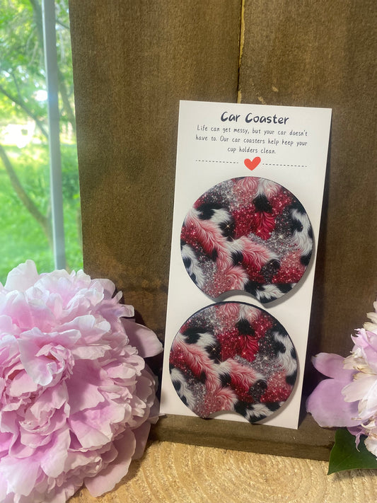Pom Pom Pink, Black & Glitter Car Coaster set