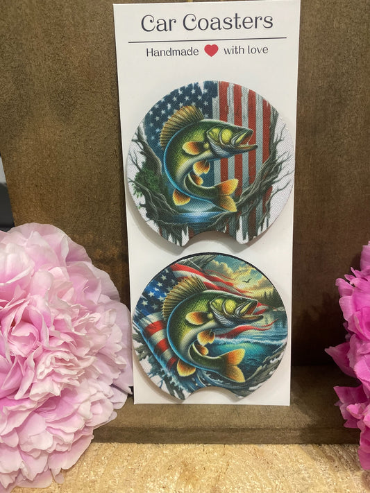 Fishing with American Flag Car Coaster set