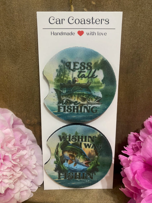 Less Talk More Fishing / Wishin i was Fishin Car Coaster set