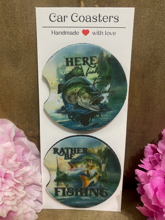 Here Fishy Fishy & Rather be Fishing Car Coaster set