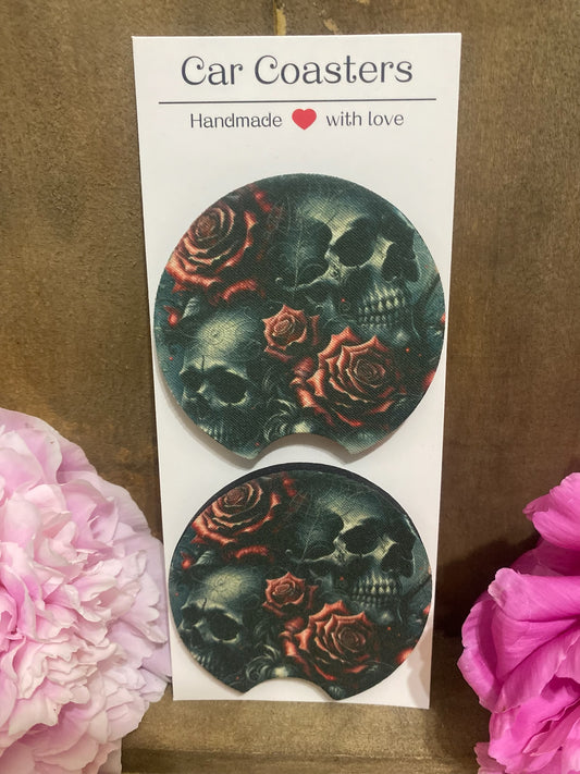 Dark Skull & Roses Car Coaster set