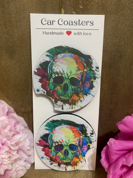 Skull with Paint Splatter Car Coaster set