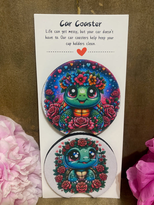 Sea Turtle & Red Rose Car Coaster set