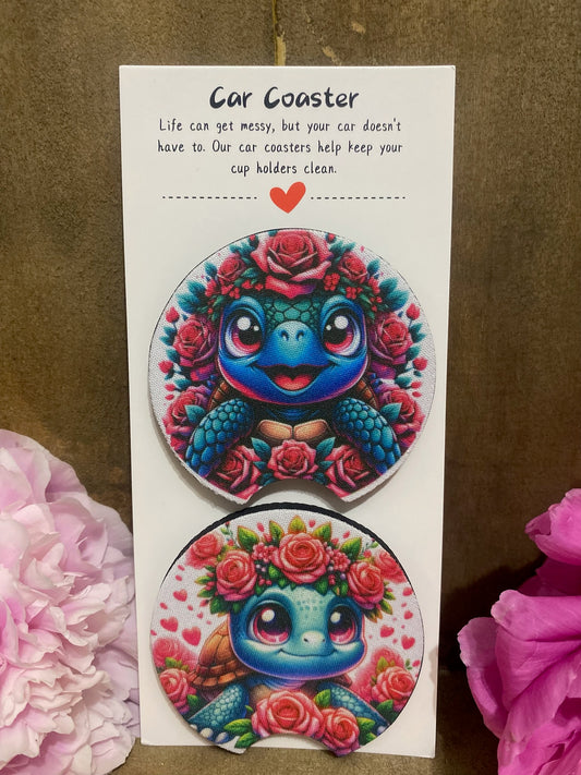 Turtle & Red Rose Car Coaster set