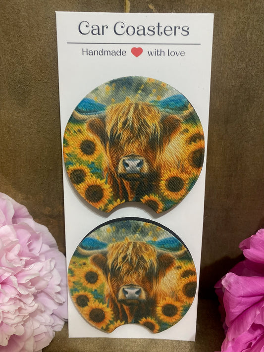 Sunflower Cow Car Coaster set