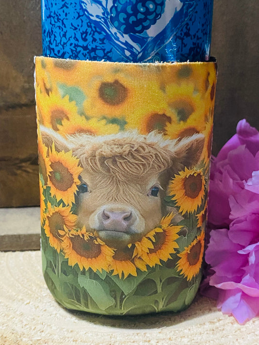 Cow in sunflower field 12oz. can koozie
