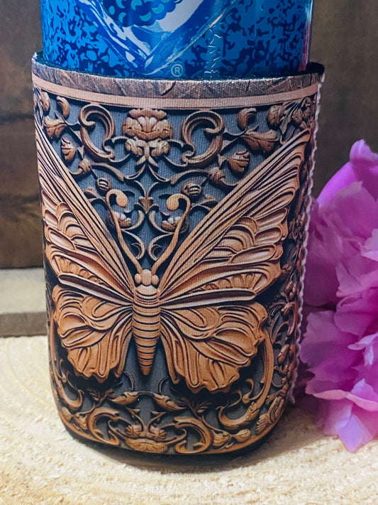 Butterfly faux carved wood 12oz. can koozie