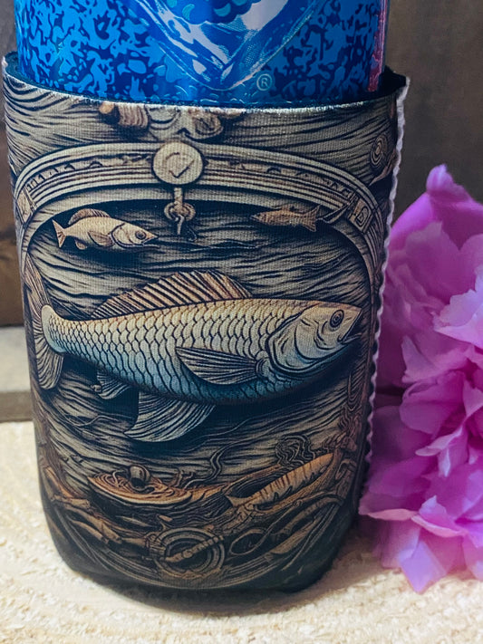 Faux wood carved fish 12oz. can koozie