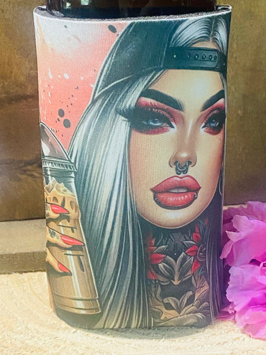 Woman with Iced coffee slim ca/bottle koozie