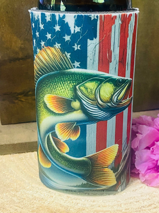 American flag and Fish slim can/ bottle koozie