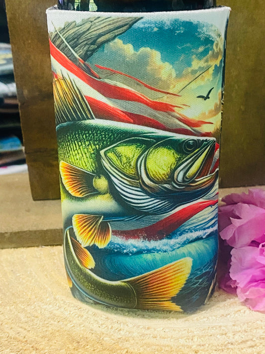 America Flag and Fish slim can/ bottle koozie