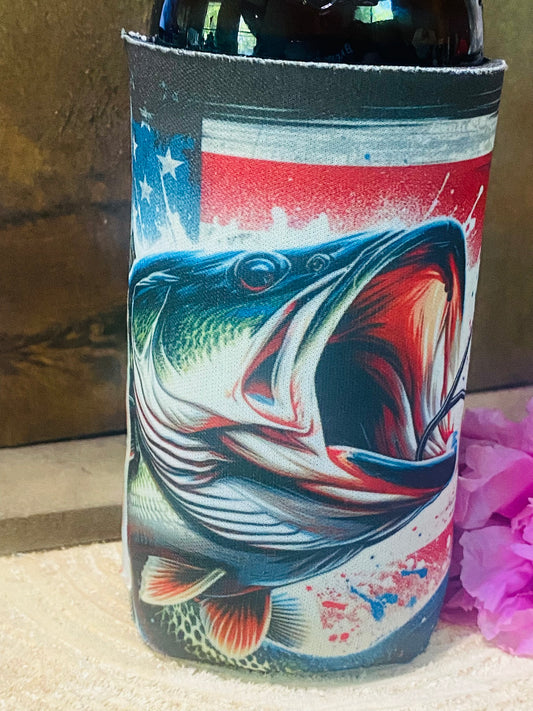 American Flag and Fish slim can/ bottle koozie