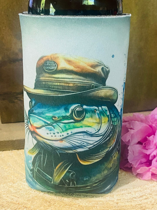 Catfish with hat slim can/ bottle koozie
