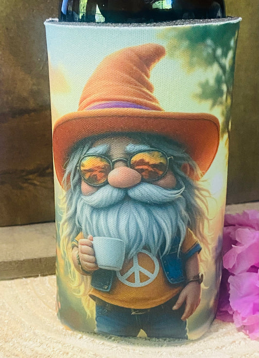 Hippie Gnome with coffee slim can/ bottle koozie
