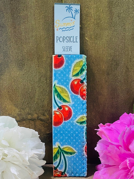 Freeze pop sleeve Cherries on blue with white polka dot