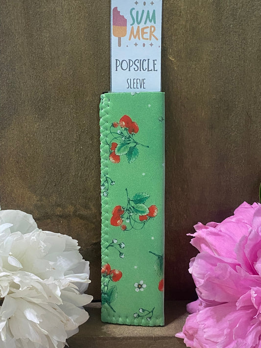 Freeze pop sleeve Strawberries on green with white flower