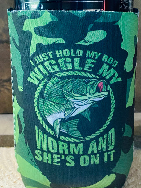 I hold my rod and wiggle my worm fishing 12oz. can koozie