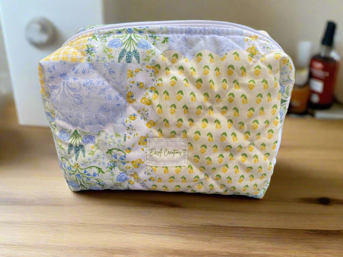 Yellow and Blue Floral Picnic Large Make up bag