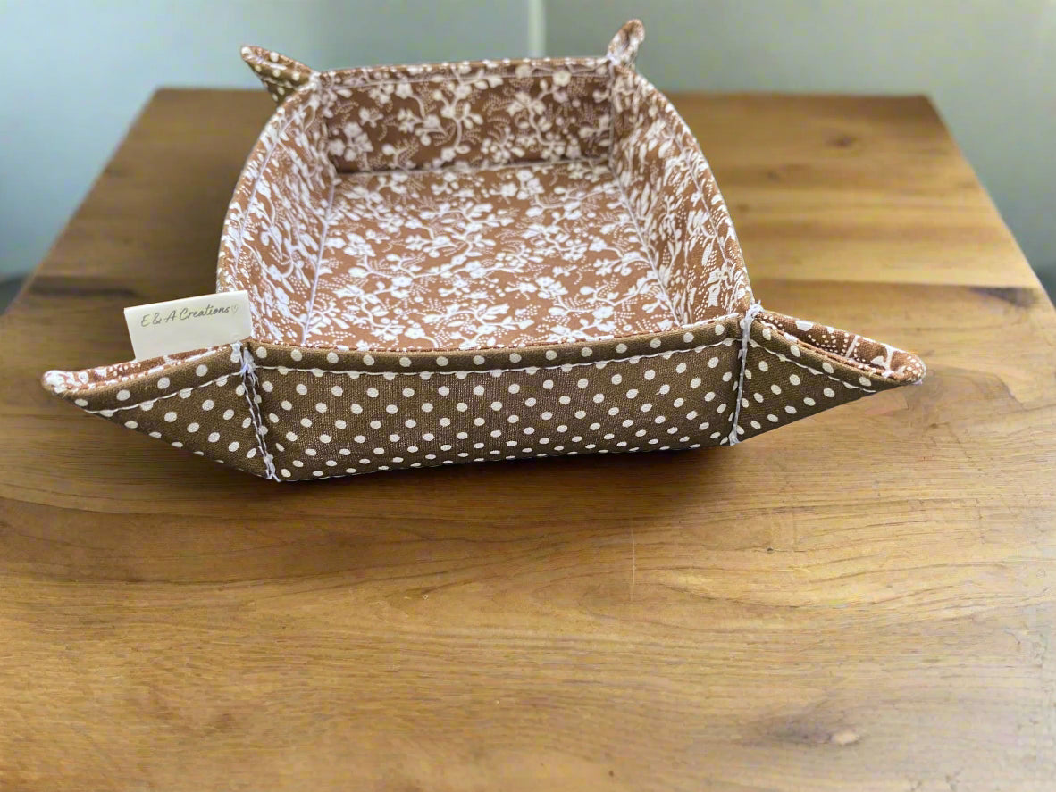 Brown Floral & Polka dot fabric trinket tray