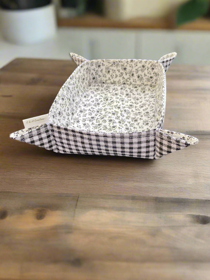 White & Black Floral & Gingham Fabric Basket