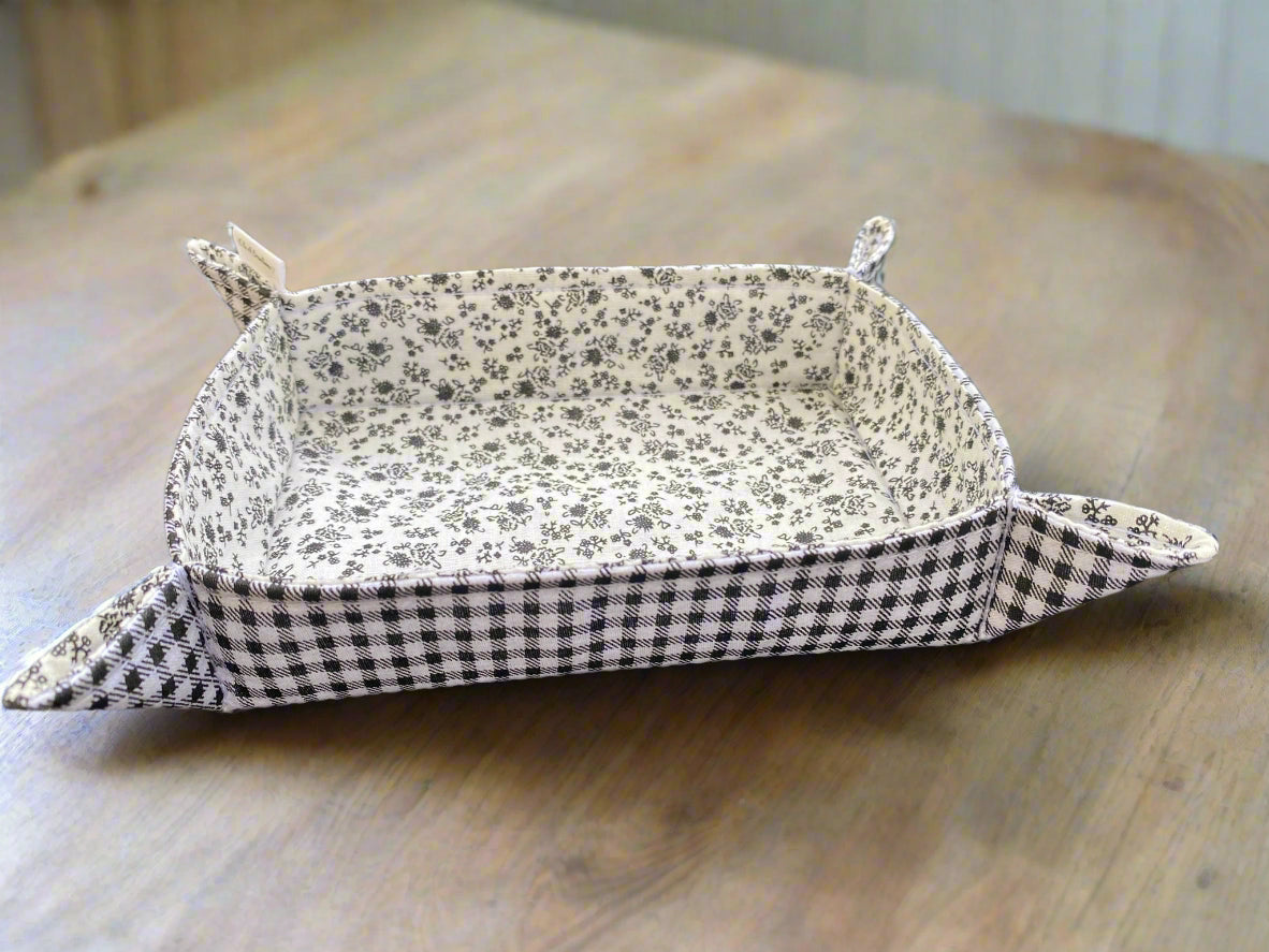 White & Black Floral & Gingham Fabric Basket
